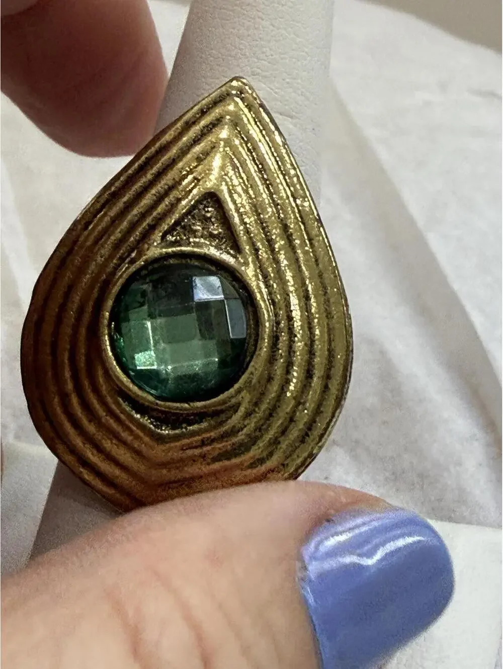 Vintage Gold Tone Teardrop Ring with Green Faceted Stone Adjustable
